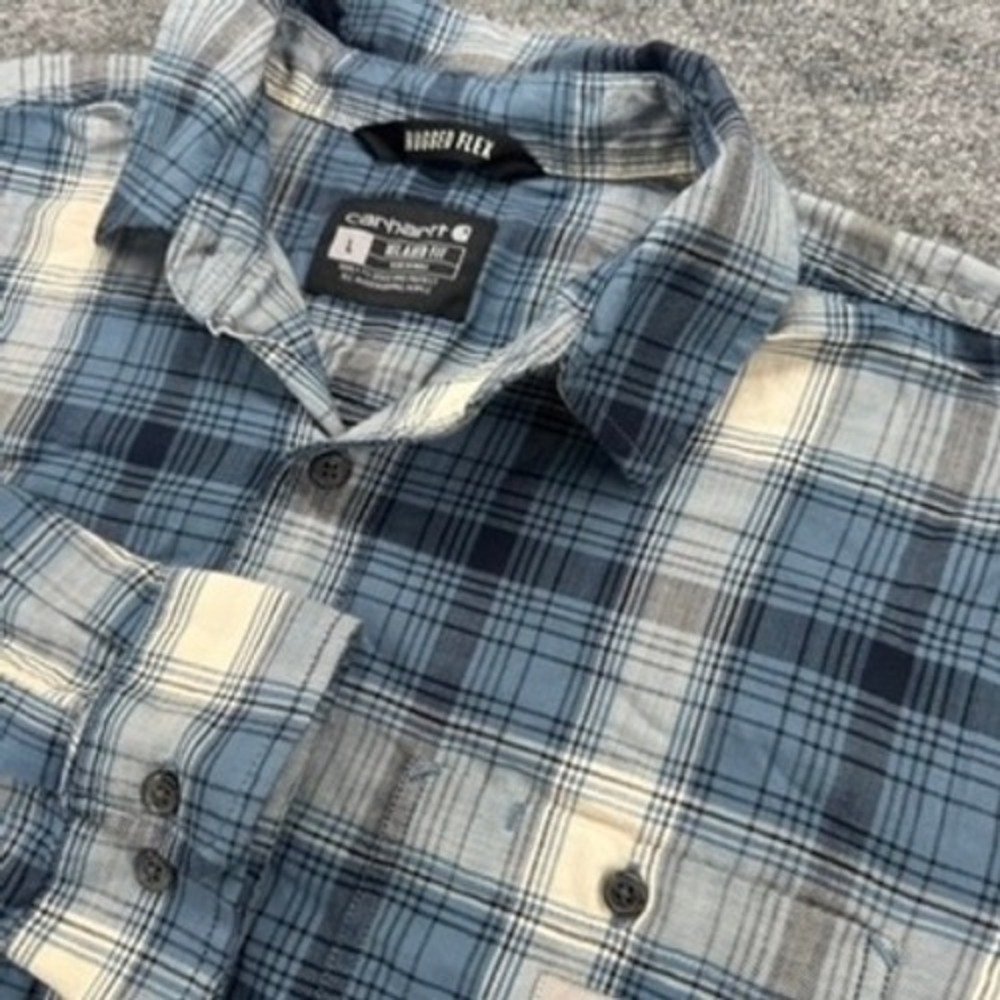 Carhartt Plaid Flannel Shirt Size L Rugged Flex Relaxed Fit Blue Cotton Blend